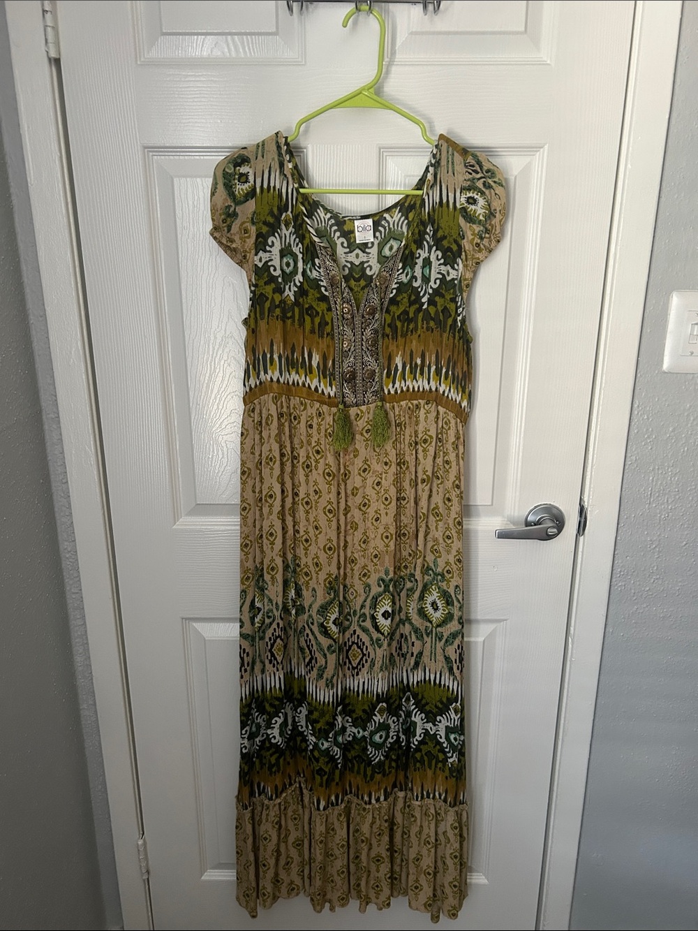 Bohemian Olive Green Patterned Maxi Dress